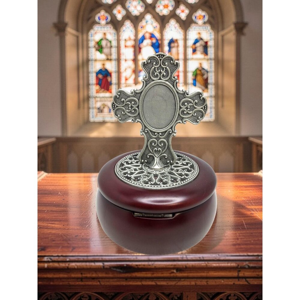 vintage wooden ornate metal cross retro round music/trinket/jewelry box
